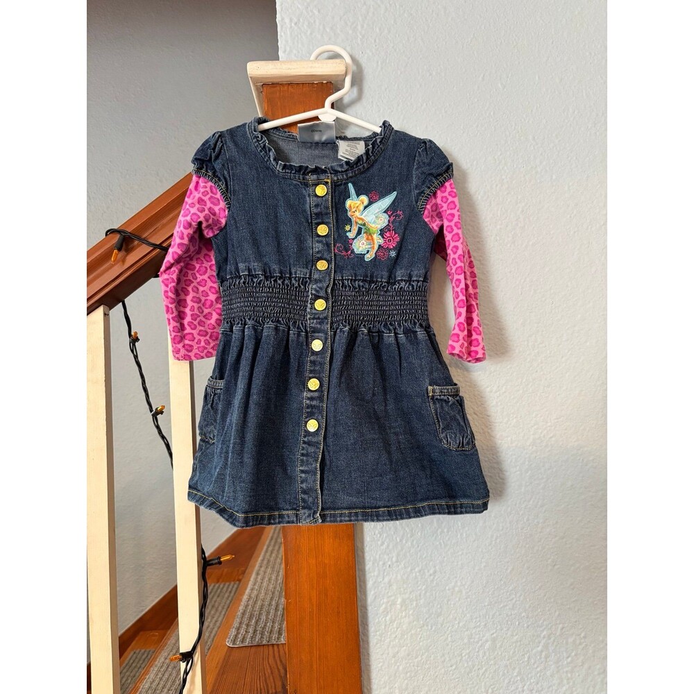 tinkerbell fairies dress denim smocked waist leopard print pink sleeves 3t Y2K